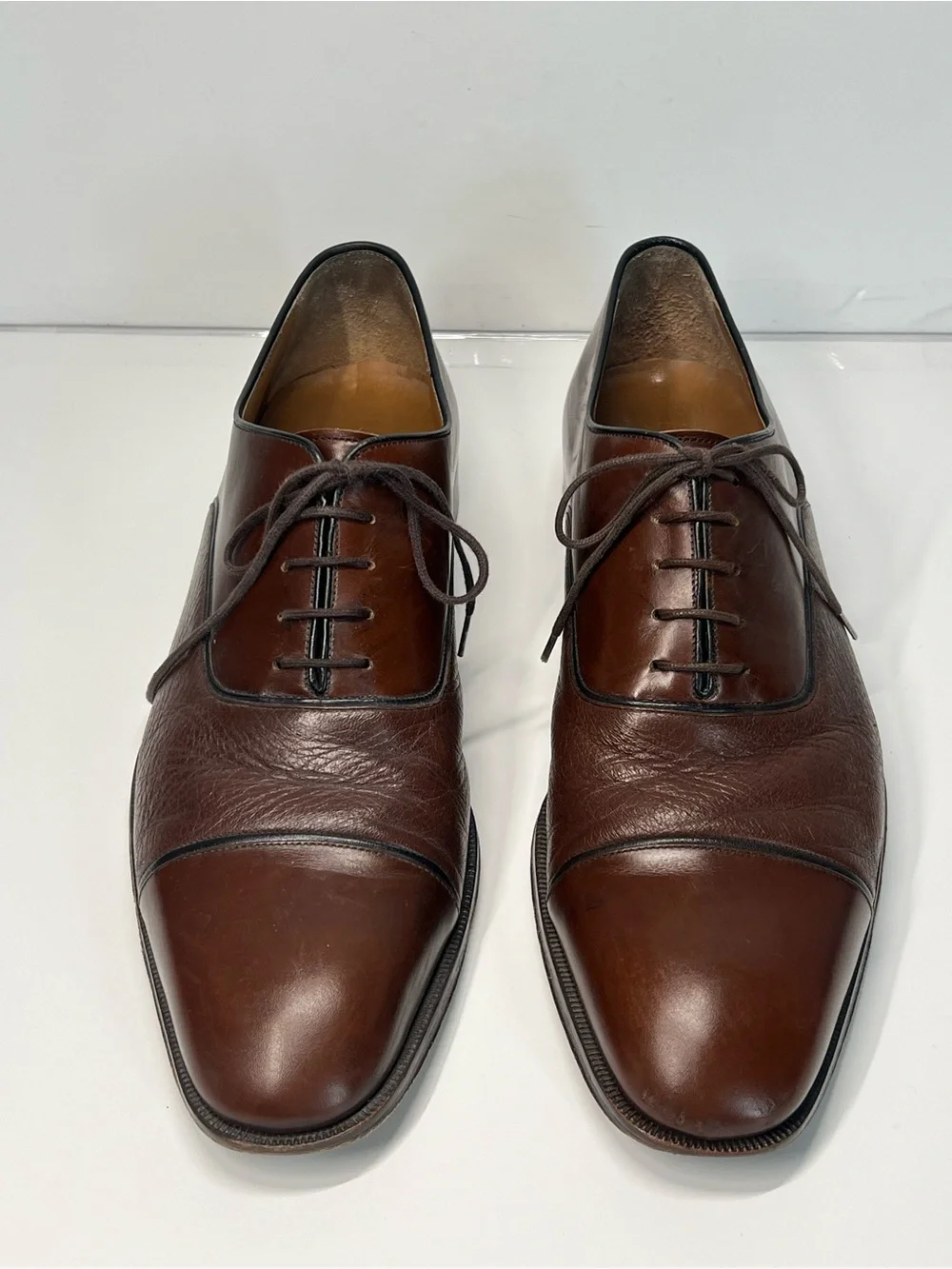 PETER HUBER Brown Leather Cap Toe Oxford Dress Shoes 12 Narrow Classic Lace